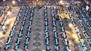 A large number of people wait for the Maghrib Azan before breaking their fast during Iftar meals in the holy fasting month of Ramzan