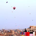 A beautiful view of the sky filled with colorful kites during the three-day "Basant" festival in the Walled City where citizens are flying kites, the festival is returning to the provincial capital after 20 years