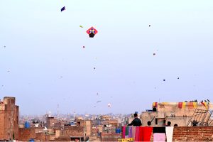 A beautiful view of the sky filled with colorful kites during the three-day "Basant" festival in the Walled City where citizens are flying kites, the festival is returning to the provincial capital after 20 years