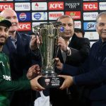 Pakistan’s captain Salman Ali Agha receives the trophy from PCB Chairman Mohsin Naqvi after winning the series and the third Twenty20 international cricket match against Australia at Gaddafi Stadium