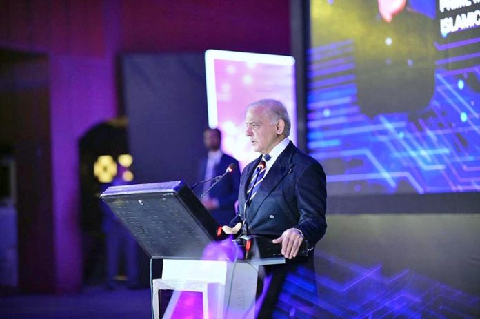 Prime Minister Muhammad Shehbaz Sharif addresses the inaugural ceremony of Al Indus Week being organized by Ministery of Information Technology