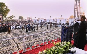 President Asif Ali Zardari addresses a public gathering at Nawazabad during his visit to South Punjab