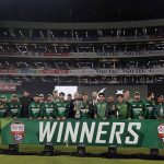 Pakistani players and management pose for a group photograph with PCB Chairman Mohsin Naqvi after winning the series and the third Twenty20 international against Australia at Gaddafi Stadium