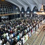 A large number of worshipers offering Namaz-e- Tarawih after sighting the moon and the first prayers marking the start of the Islamic holy fasting month of Ramazan at Data Darbar mosque
