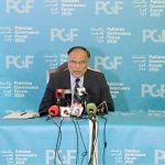 Federal Minister for Planning, Development & Special Initiatives, Prof. Ahsan Iqbal addressing to media during the two-day flagship event of the Ministry of Planning — "Pakistan Governance Forum 2026" at local hotel