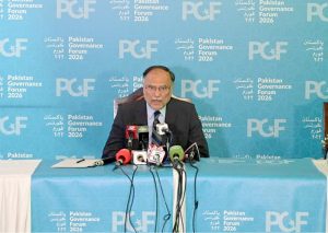 Federal Minister for Planning, Development & Special Initiatives, Prof. Ahsan Iqbal addressing to media during the two-day flagship event of the Ministry of Planning — "Pakistan Governance Forum 2026" at local hotel