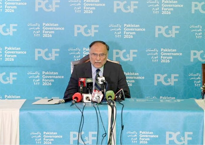 Federal Minister for Planning, Development & Special Initiatives, Prof. Ahsan Iqbal addressing to media during the two-day flagship event of the Ministry of Planning — 