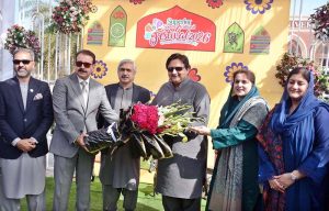 Speaker Punjab Assembly Malik Muhammad Ahmad Khan is talking to media persons during inauguration of Sports & Culture Festival 2026 at Superior University Faisalabad Campus.