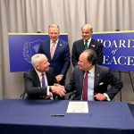 GSA Administrator Edward C. Forst on behalf of the United States and Federal Minister for Finance and Revenue Senator Muhammad Aurangzeb on behalf of Pakistan signing a Memorandum of Understanding , witnessed by Prime Minister Muhammad Shehbaz Sharif and United States Special Envoy Steve Witkoff