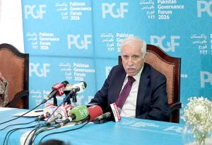 Federal Minister for Planning, Development & Special Initiatives, Prof. Ahsan Iqbal addressing to media during the two-day flagship event of the Ministry of Planning — "Pakistan Governance Forum 2026" at local hotel