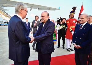 President Asif Ali Zardari and Prime Minister Muhammad Shehbaz Sharif receive President of the Republic of Kazakhstan, Kassym-Jomart Tokayev, upon his arrival at Noor Khan Airbase.