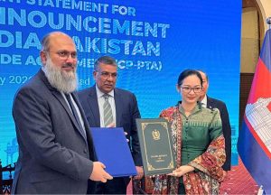 Federal Minister for Commerce Jam Kamal Khan and Cham Nimul, Minister of Commerce of the Kingdom of Cambodia, exchange signed copies of the Joint Statement following the 2nd Pakistan-Cambodia Joint Trade Committee (JTC) meeting, reaffirming their commitment to enhanced bilateral trade and institutional cooperation