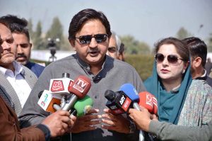 Speaker Punjab Assembly Malik Muhammad Ahmad Khan is talking to media persons during inauguration of Sports & Culture Festival 2026 at Superior University Faisalabad Campus.