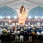 A large number of worshipers offering Namaz-e- Tarawih after sighting the moon and the first prayers marking the start of the Islamic holy fasting month of Ramazan at Data Darbar mosque