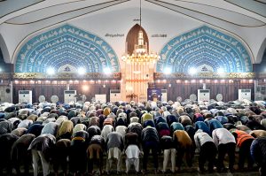 A large number of worshipers offering Namaz-e- Tarawih after sighting the moon and the first prayers marking the start of the Islamic holy fasting month of Ramazan at Data Darbar mosque