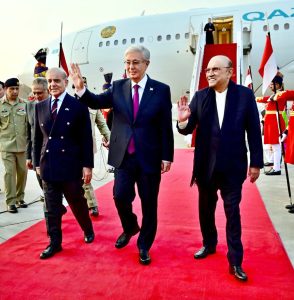 President Asif Ali Zardari and Prime Minister Muhammad Shehbaz Sharif receive President of the Republic of Kazakhstan, Kassym-Jomart Tokayev, upon his arrival at Noor Khan Airbase.