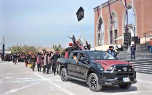 Speaker Punjab Assembly Malik Muhammad Ahmad Khan is talking to media persons during inauguration of Sports & Culture Festival 2026 at Superior University Faisalabad Campus.