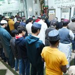 People offering Taraweeh prayers at Jamia Masjid Puran Nagar as the Ruet-e- Hilal Committee announces the sighting of moon of Ramazan ul Mubarak