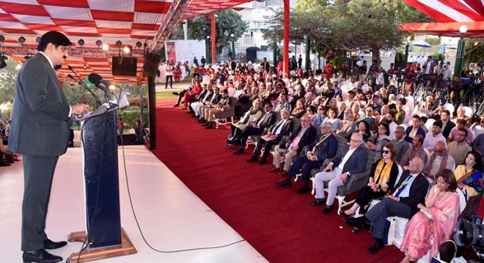 Sindh Chief Minister Syed Murad Ali Shah delivers the inaugural address at the 17th Karachi Literature Festival (KLF) held at a local hotel