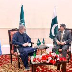 Speaker of Khyber Pakhtunkhwa Assembly Babar Saleem Sawati calls on Sindh Assembly Speaker, Syed Awais Qadir Shah. APP/ABB