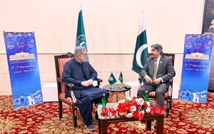 Speaker of Khyber Pakhtunkhwa Assembly Babar Saleem Sawati calls on Sindh Assembly Speaker, Syed Awais Qadir Shah. APP/ABB