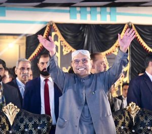 President Asif Ali Zardari addresses a public gathering at the residence of President PPP South Punjab Makhdoom Ahmed Mahmood