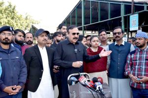 Federal Minister for Parliamentary Affairs, Dr. Tariq Fazal Chaudhary, speaks to the media during his visit to G-6 Ramzan Bazar