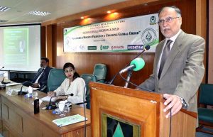 Federal Minister for Planning, Development, and Special Initiatives, Professor Ahsan Iqbal, speaking as a Chief Guest of the International Conference on “Sustainable & Resilient Pakistan in a Changing Global Order” at the Applied Economics Research Center (AERC) University of Karachi.