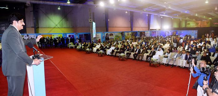 Sindh Chief Minister Syed Murad Ali Shah addresses the inauguration ceremony of the 21st “My Karachi – Oasis of Harmony” International Exhibition at the Karachi Expo Centre
