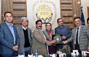 Chairperson of the Shade Trust, Dr. Firdous Ashiq Awan along with President of the Chamber Ehtesham Mazhar Gilani, addresses the business community at the Chamber of Commerce