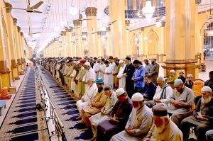 Faithful offer Tarawih prayers at New Memon Masjid after sighting the moon of the holy month of Ramazan
