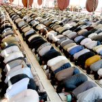 A large number of people offer the first Jumma-tul-Mubarak prayer at Memon Masjid in the Holy fasting month of Ramazan ul Mubarak
