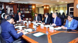 Federal Minister for Finance and Revenue Senator Muhammad Aurangzeb along with his team at the Finance Division in a meeting with a delegation of Citibank led by Mr. Habib Yousuf, Citi Country Officer, Citibank, accompanied by Mr. Ali Sana Rizvi, Corporate Banking Head, and Mr. Usama Paracha, Vice President, Corporate Banking.