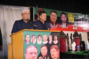 President Asif Ali Zardari addressing a public gathering at the residence of former Minister of State, Nawab Shehryar Ali Khan.