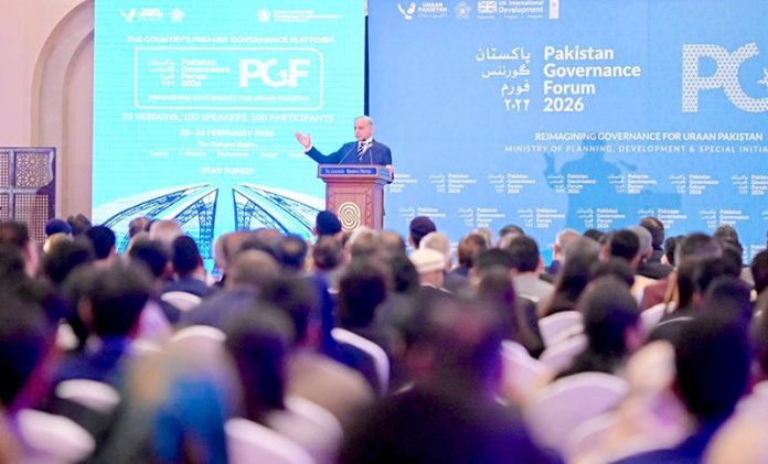 Prime Minister Muhammad Shehbaz Sharif addresses the inaugural session of the Pakistan Governance Forum 2026
