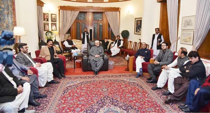 President Asif Ali Zardari meeting party’s local leadership and former ticket holders at the residence of former Governor Punjab, Makhdoom Ahmed Mahmood