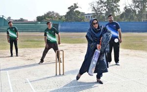 District Public Prosecutor Malik Amir Shahzad and District Sports Officer Madam Saima Manzoor present trophies to the winning team during the Different Games event.