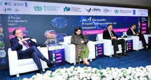 Federal Minister for Finance and Revenue, Senator Muhammad Aurangzeb speaks at the National Artificial Intelligence Workshop.