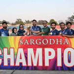 District Public Prosecutor Malik Amir Shahzad and District Sports Officer Madam Saima Manzoor present trophies to the winning team during the Different Games event.