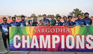 District Public Prosecutor Malik Amir Shahzad and District Sports Officer Madam Saima Manzoor present trophies to the winning team during the Different Games event.