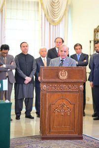 Prime Minister Muhammad Shehbaz Sharif addresses the joint Press Stakeout at Prime Minister’s House