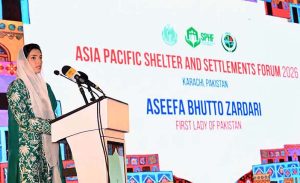 First Lady Assefa Bhutto Zardari addressing inaugural session of the three day Asia Pacific and Settlement Forum-2026.