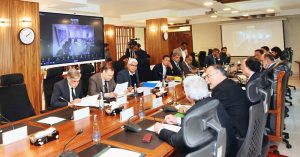 Federal Minister for Finance and Revenue, Senator Muhammad Aurangzeb, chairs a meeting of the Economic Coordination Committee (ECC) of the Cabinet at the Finance Division.