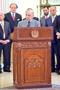Prime Minister Muhammad Shehbaz Sharif addresses the joint Press Stakeout at Prime Minister’s House