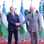 Prime Minister Muhammad Shehbaz Sharif receives President of Uzbekistan Shavkat Mirziyoyev upon his arrival at Prime Minister's House.