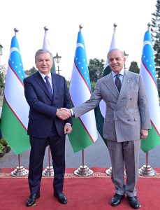 Prime Minister Muhammad Shehbaz Sharif receives President of Uzbekistan Shavkat Mirziyoyev upon his arrival at Prime Minister's House.