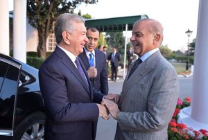 Prime Minister Muhammad Shehbaz Sharif receives President of Uzbekistan Shavkat Mirziyoyev upon his arrival at Prime Minister's House.