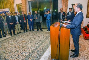 Ambassador of Japan to Pakistan, AKAMATSU Shuichi addresses during , a media networking reception hosted at his residence