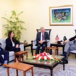 Federal Minister for Finance and Revenue, Senator Muhammad Aurangzeb, in a meeting with John Mark Pommersheim, Deputy Assistant Secretary, Bureau of South and Central Asian Affairs, United States Department of State, and Ms. Natalie A. Baker, U.S. Chargé d’Affaires to Pakistan, at the Finance Division