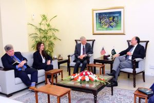 Federal Minister for Finance and Revenue, Senator Muhammad Aurangzeb, in a meeting with John Mark Pommersheim, Deputy Assistant Secretary, Bureau of South and Central Asian Affairs, United States Department of State, and Ms. Natalie A. Baker, U.S. Chargé d’Affaires to Pakistan, at the Finance Division